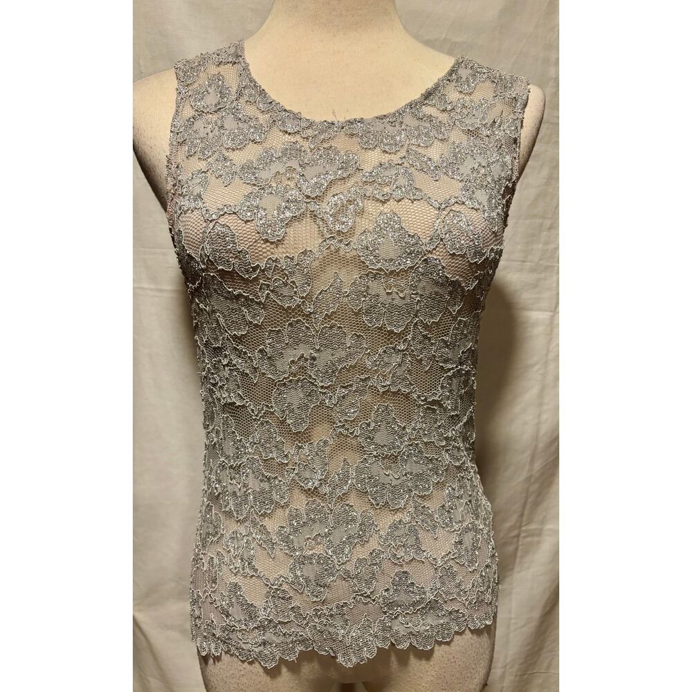 Lew Magram Vintage Silver Stretch Lace Top Cami Scallop Bottom